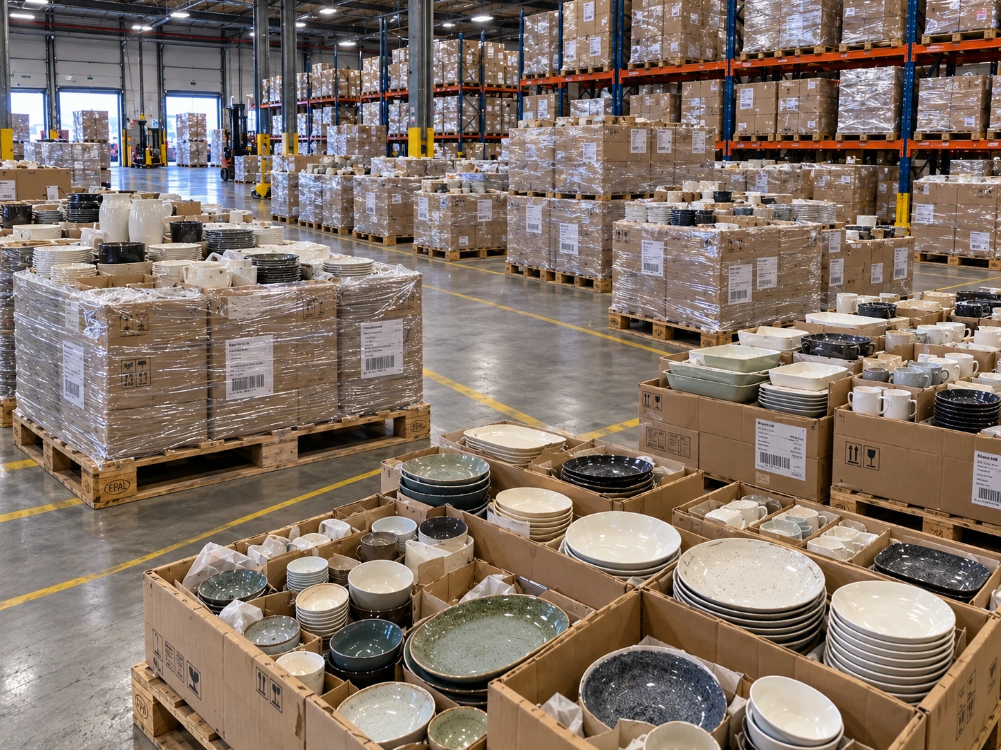 Lots de vaisselle et palettes dans un entrepôt