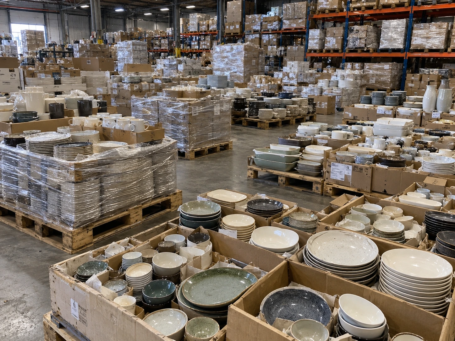Lots et palettes de vaisselle stockés dans un entrepôt